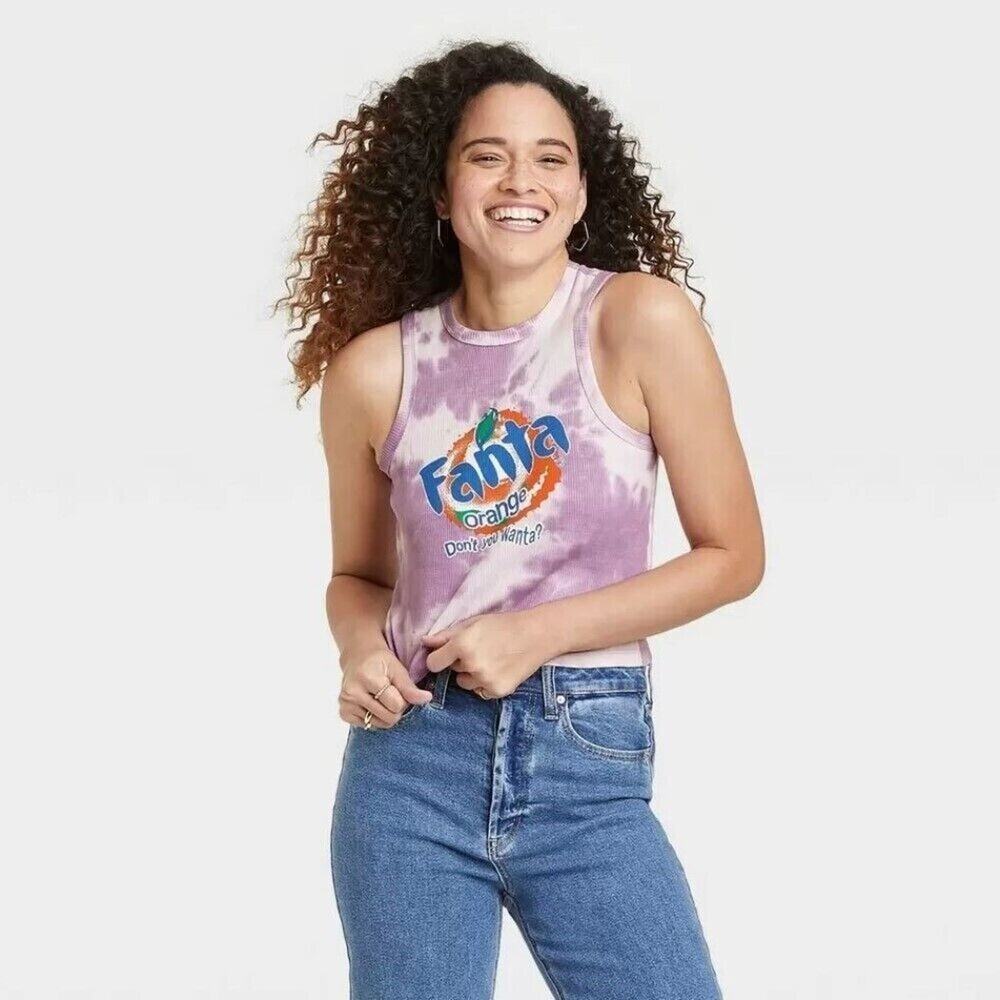 Coca Cola Fanta Women’s Tank Top S Crew Neck Cropped Graphic Purple Tie-Dye